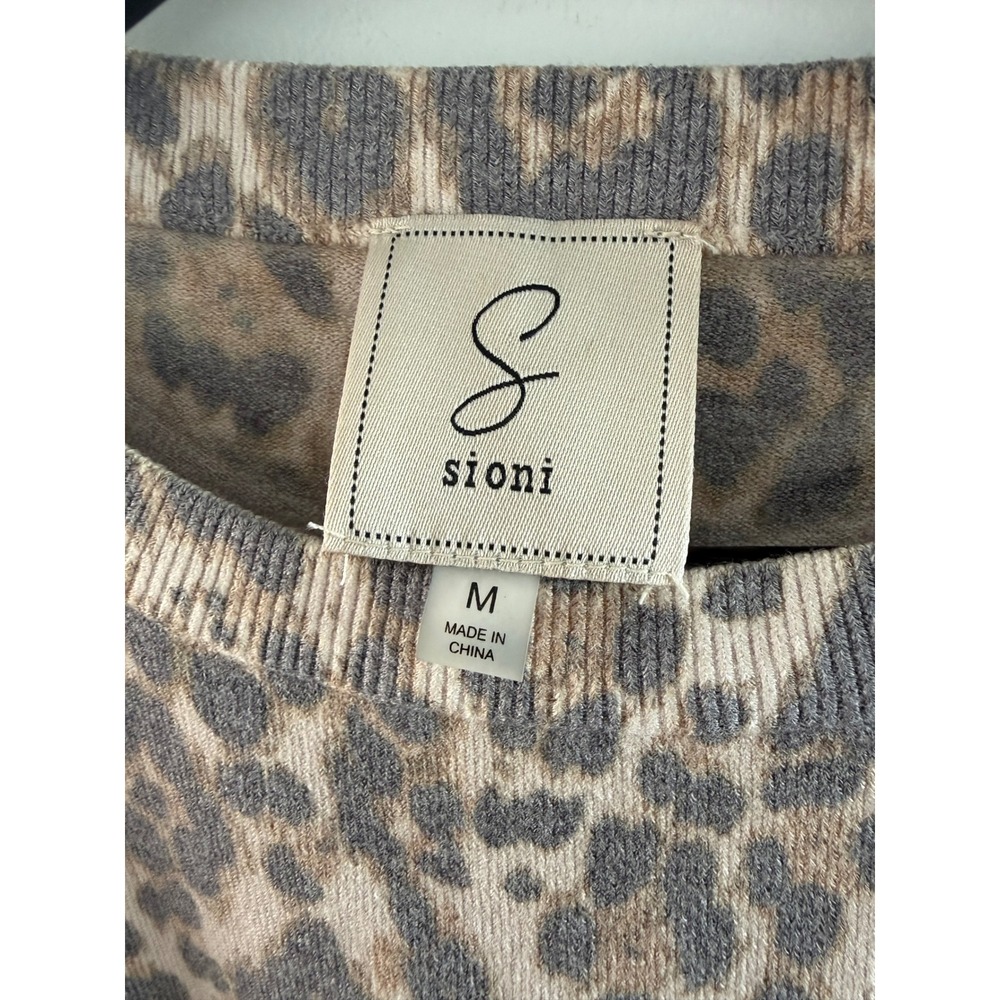 Sioni Womens Leopard Animal Print Short Sleeve Knit Sweater Top Tan Grey Medium - Picture 3 of 4